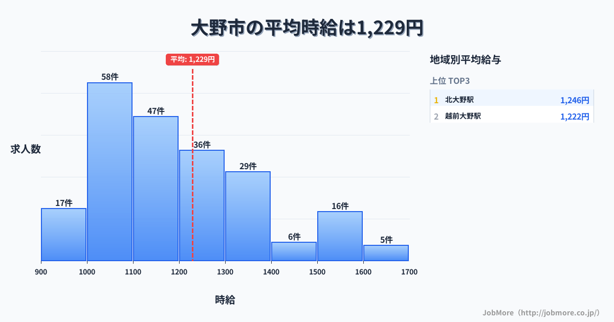 福井県 大野市内の平均時給は1,234円です。中央値は1,164円、最頻値は1,000円〜1,100円です。