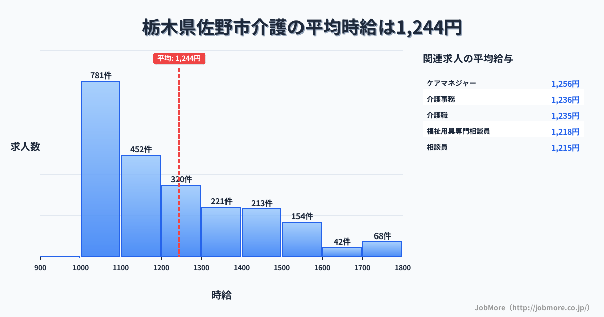 栃木県 佐野市内の介護の平均時給は1,244円です。中央値は1,171円、最頻値は1,000円〜1,100円です。
