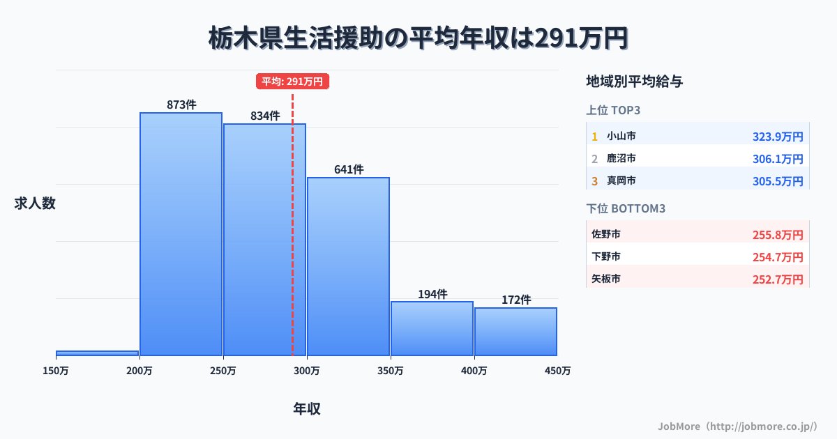 栃木県内の生活援助の平均年収は291万円です。中央値は279万円、最頻値は200万円〜250万円です。
