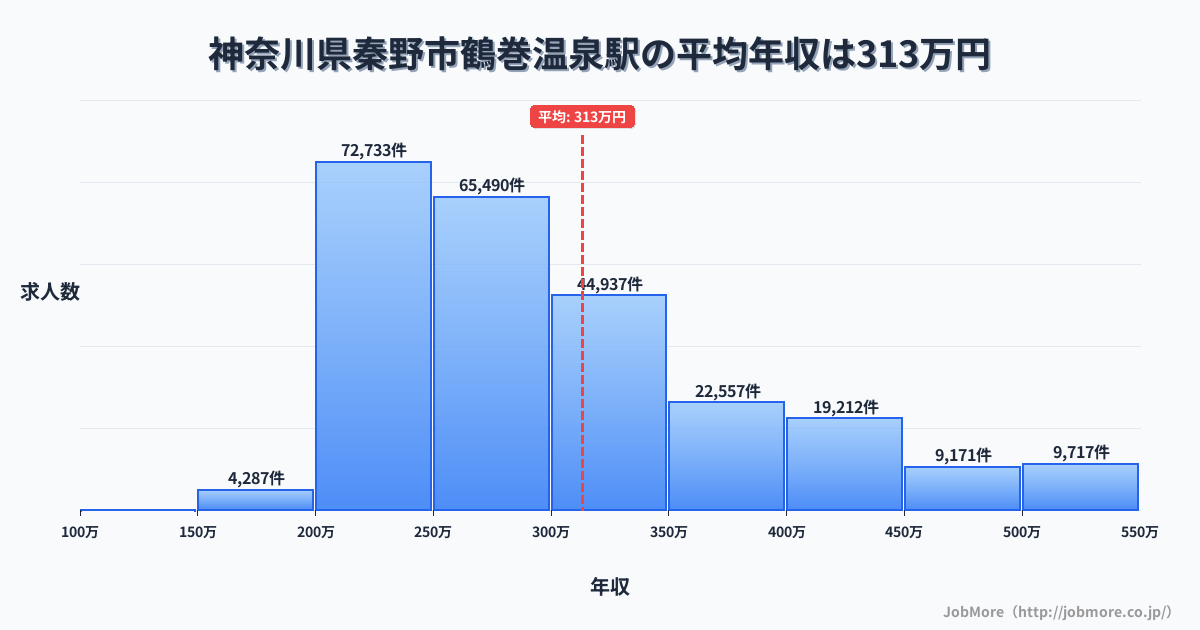 神奈川県秦野市鶴巻温泉駅周辺の平均年収は283万円です。中央値は267万円、最頻値は200万円〜250万円です。