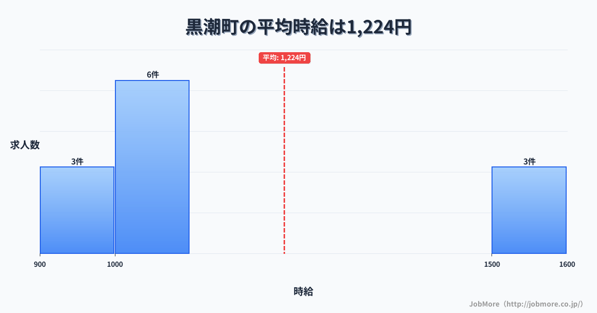 高知県 黒潮町内の平均時給は1,224円です。中央値は1,000円、最頻値は1,000円〜1,100円です。